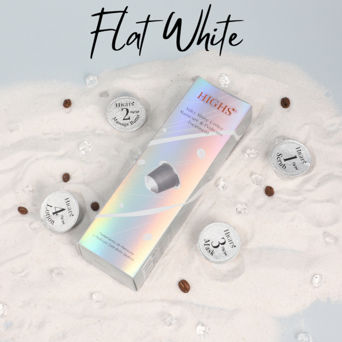 A boxed Highs Flat White manicure and pedicure treatment set with various capsules displayed on a white background