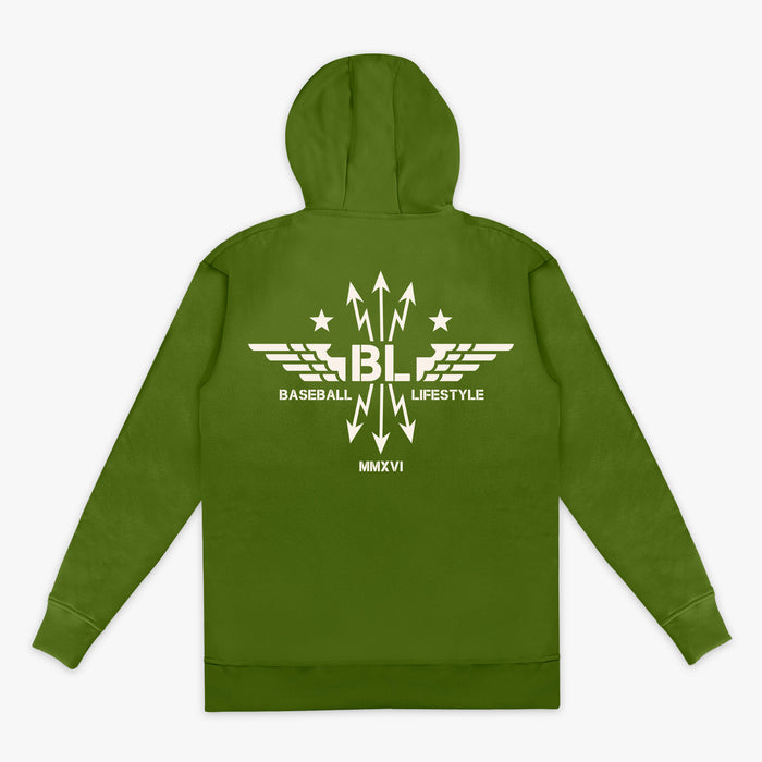 Army green Hoodie with white Baseball Lifestyle BL wing design in middle of back