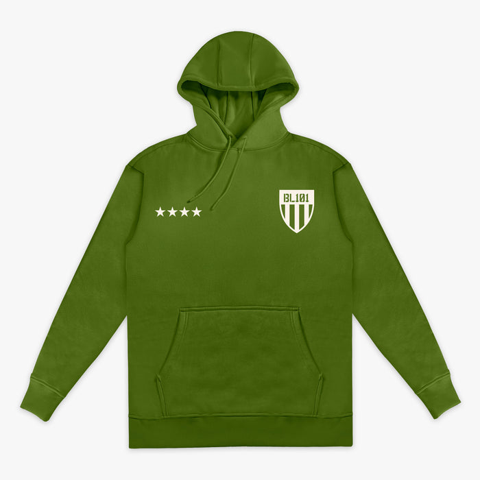 Army green Hoodie with white BL101 armor design and five white stars in front of hoodie
