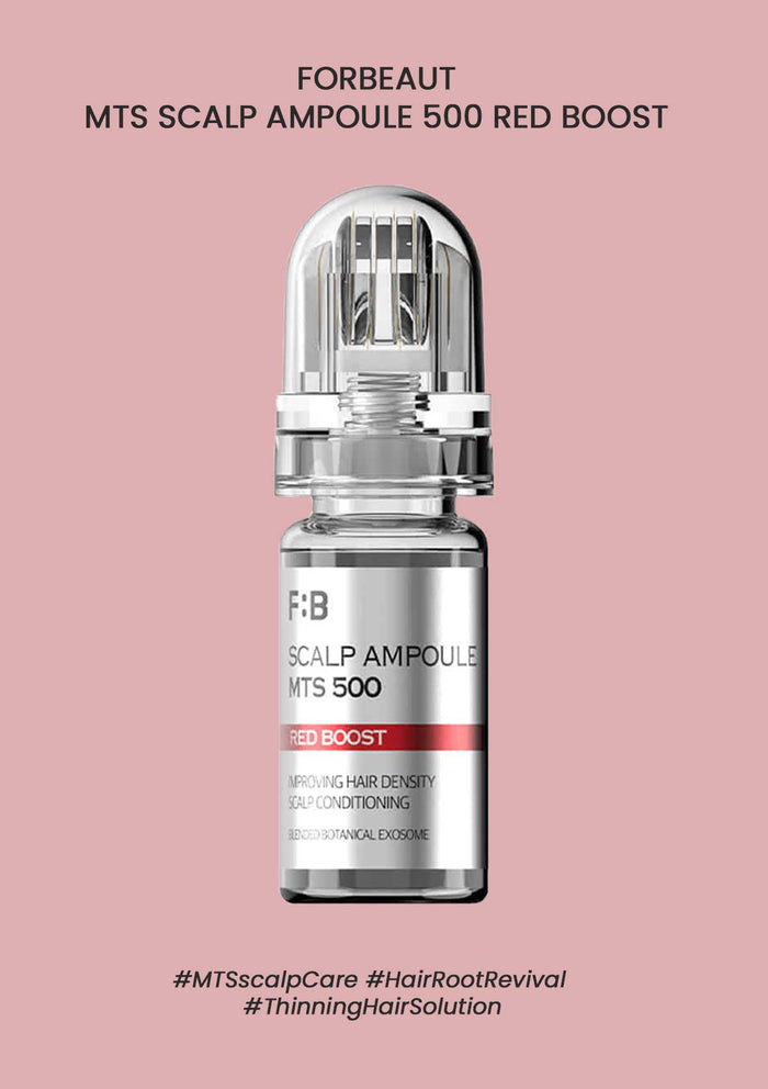 F:B Scalp Ampoule MTS 500 Red Boost bottle on a pink background