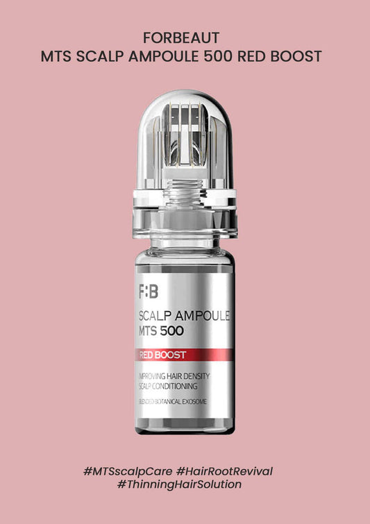 F:B Scalp Ampoule MTS 500 Red Boost bottle on a pink background