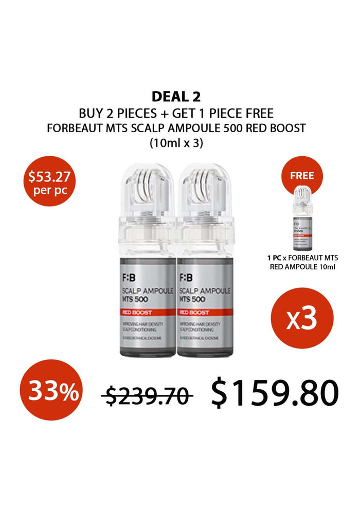 Promotional offer for Forbeaut MTS Scalp Ampoule 500 Red Boost with pricing and quantity details.
