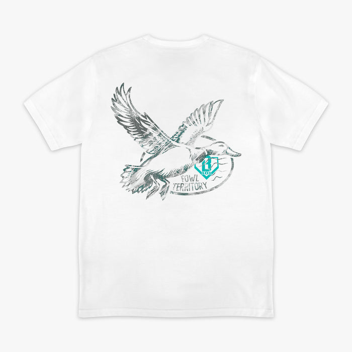 White t-shirt with a graphic of a bird, 'Fowl Territory' text and blue BL101 logo on a white background
