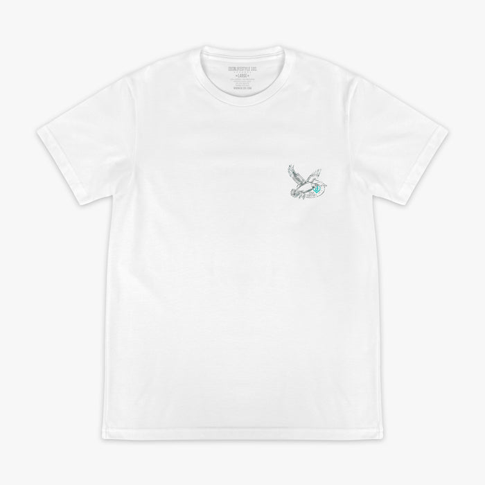 White t-shirt with a small graphic of a bird, 'Fowl Territory' text and blue BL101 logo on a white background