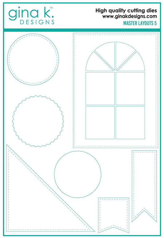 Gina K. Designs - Die - Masters Layouts 5. Master Layouts 5 is the fifth set in a series of card layout templates. These dies will help you cut perfect layers for front panels for A2 cards. Available at Embellish Away located in Bowmanville Ontario Canada.