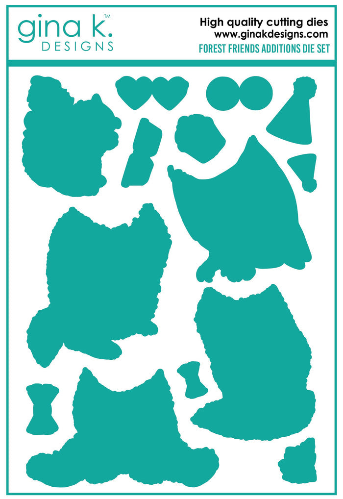 Gina K. Designs - Dies - Forest Friend Additions. Our dies are compatible with most die cutting machines.  Follow the manufacturer's instructions for your specific machine for cutting wafer thin dies.  The Forest Friend Additions Die set coordinates with the Forest Friend Additions Stamp Set. Each sold separately. Made in USA. Available at Embellish Away located in Bowmanville Ontario Canada.