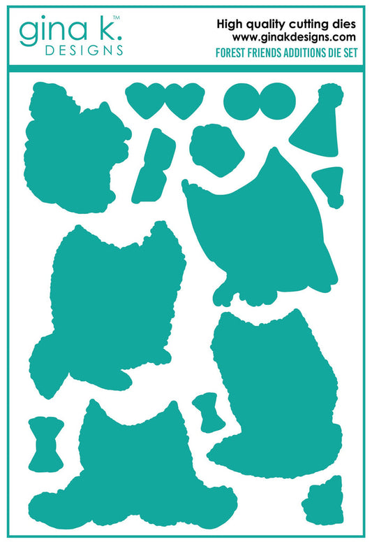 Gina K. Designs - Dies - Forest Friend Additions. Our dies are compatible with most die cutting machines.  Follow the manufacturer's instructions for your specific machine for cutting wafer thin dies.  The Forest Friend Additions Die set coordinates with the Forest Friend Additions Stamp Set. Each sold separately. Made in USA. Available at Embellish Away located in Bowmanville Ontario Canada.