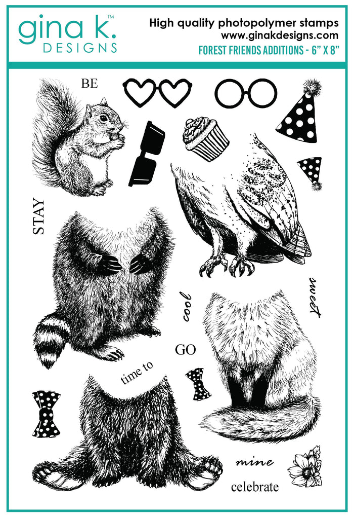 Gina K. Designs - Dies - Forest Friend Additions. Our dies are compatible with most die cutting machines.  Follow the manufacturer's instructions for your specific machine for cutting wafer thin dies.  The Forest Friend Additions Die set coordinates with the Forest Friend Additions Stamp Set. Each sold separately. Made in USA. Available at Embellish Away located in Bowmanville Ontario Canada. Coordinating Stamp sold separately.