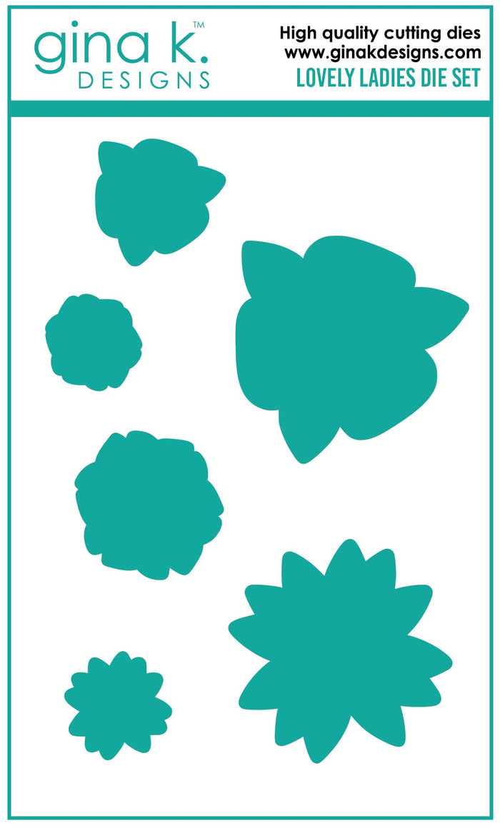 Gina K. Designs - Dies - Lovely Ladies. Our dies are compatible with most die cutting machines.  Follow the manufacturer's instructions for your specific machine for cutting wafer thin dies.  The Lovely Ladies Die set coordinates with the Lovely Ladies Stamp Set. Each sold separately. Made in USA. Available at Embellish Away located in Bowmanville Ontario Canada.