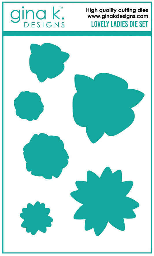 Gina K. Designs - Dies - Lovely Ladies. Our dies are compatible with most die cutting machines.  Follow the manufacturer's instructions for your specific machine for cutting wafer thin dies.  The Lovely Ladies Die set coordinates with the Lovely Ladies Stamp Set. Each sold separately. Made in USA. Available at Embellish Away located in Bowmanville Ontario Canada.