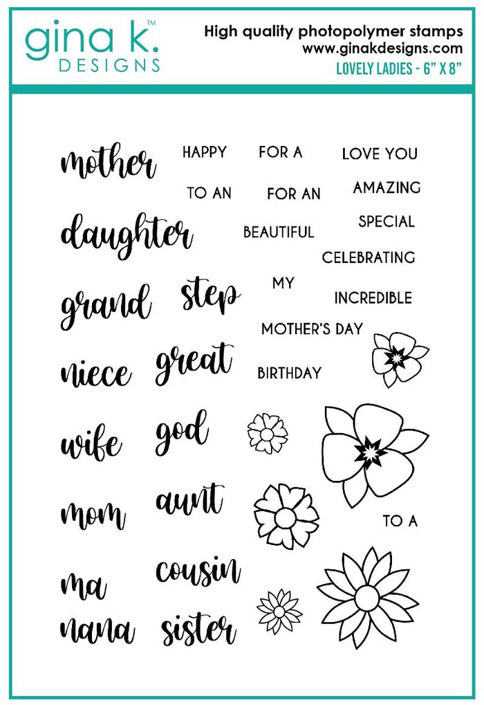 Gina K. Designs - Dies - Lovely Ladies. Our dies are compatible with most die cutting machines.  Follow the manufacturer's instructions for your specific machine for cutting wafer thin dies.  The Lovely Ladies Die set coordinates with the Lovely Ladies Stamp Set. Each sold separately. Made in USA. Available at Embellish Away located in Bowmanville Ontario Canada. Coordinating Stamp Set.