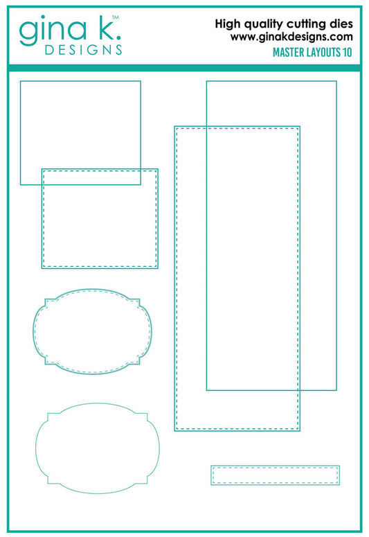 Gina K. Designs - Dies - Master Layouts 10. Gina K Designs wafer thin metal-etched dies are the highest quality available for your paper crafting projects. The Master Layouts 10 die set is sized perfectly for large slimline cards (to fit in a #10 standard envelope). Made in USA. Available at Embellish Away located in Bowmanville Ontario Canada.