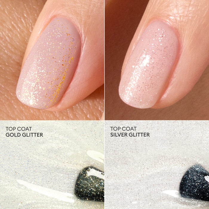 Close-up of two fingernails with sheer pink polish topped with Manucurist's Glitter Top Coat in Gold Glitter and Silver Glitter, showcasing a manicure with lasting shine above swatches labeled for each shade.