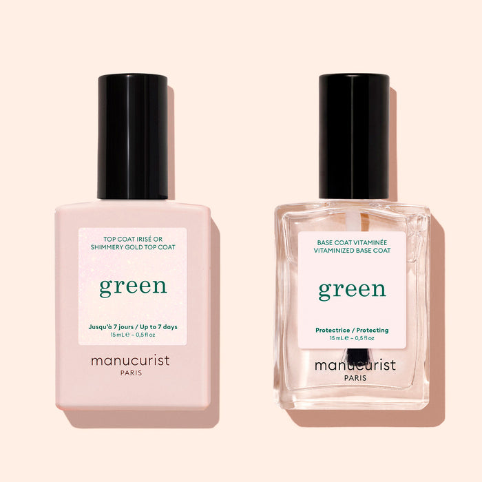 Two bottles of Manucurist nail products on a light beige background. The left bottle is opaque pink labeled Glitter Top Coat with a gel-like finish; the right is a clear Base Coat. Both bottles have black caps.