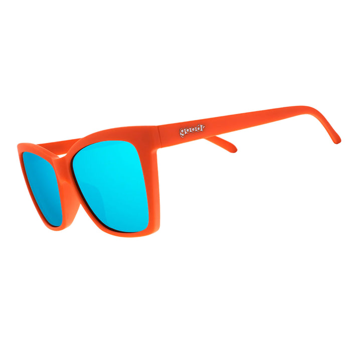 Orange sunglasses with blue lenses on a white background