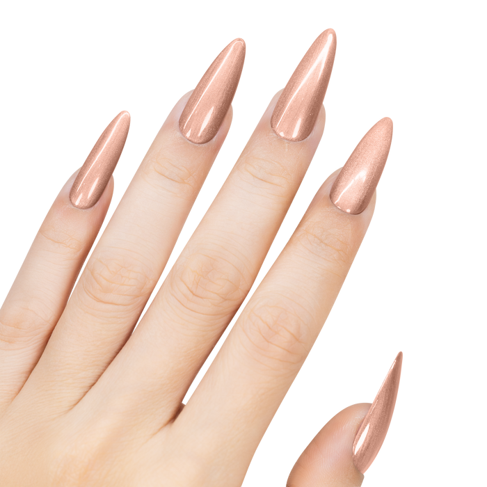 Manicured nails with a nude color on a white background