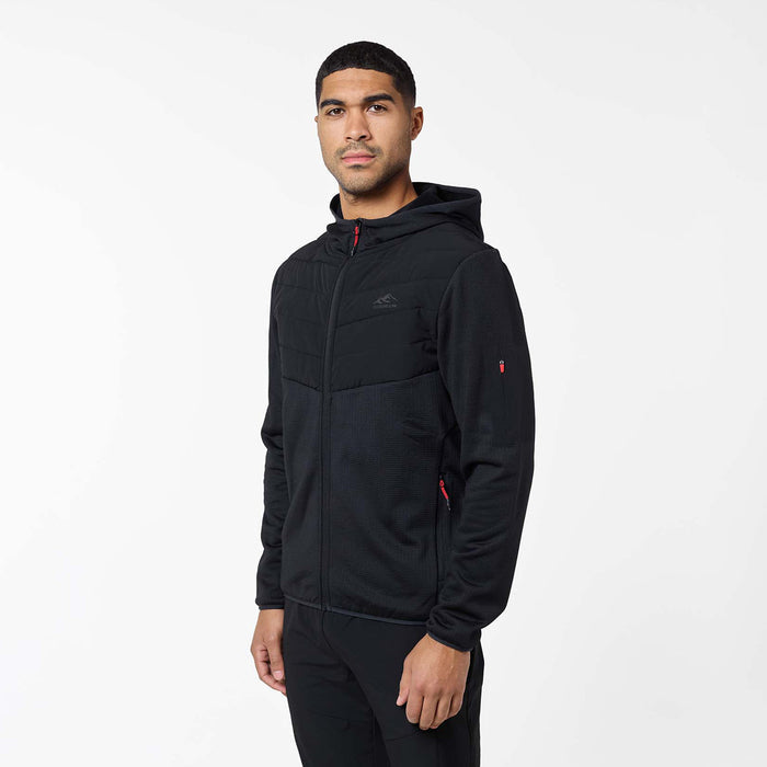 Men's Grid Fleece Hybrid Tracksuit Fleece in black – front view with quilted chest panelling and hood