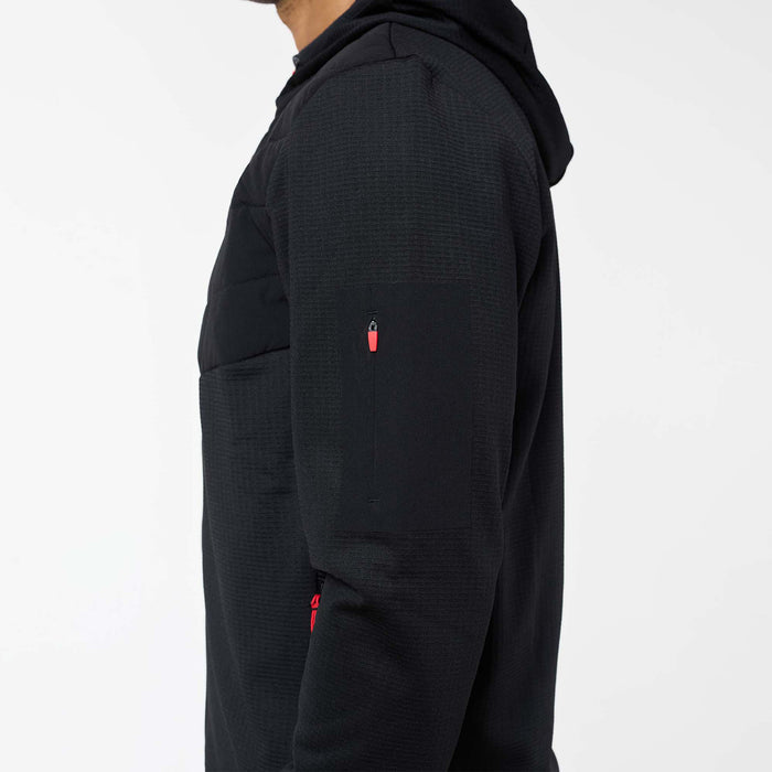 Close-up of black Grid Fleece Hybrid Tracksuit hoodie sleeve with concealed zipped pocket and red zip puller