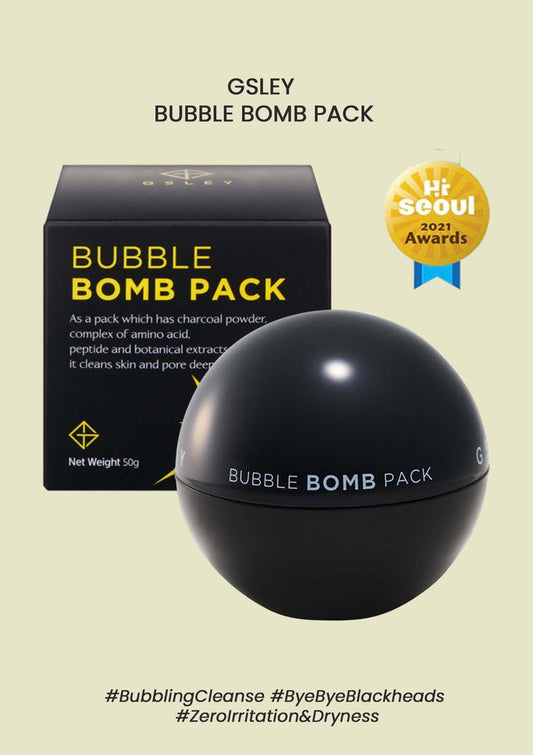 Packaging of GSLEY Bubble Bomb Pack which is a black spherical container with product details in white and red text, presented alongside its box which has similar color scheme and branding.
