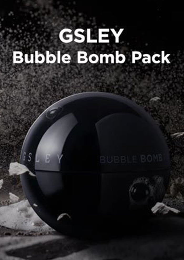 Packaging of GSLEY Bubble Bomb Pack which is a black spherical container with product details in white and red text, presented alongside its box which has similar color scheme and branding.