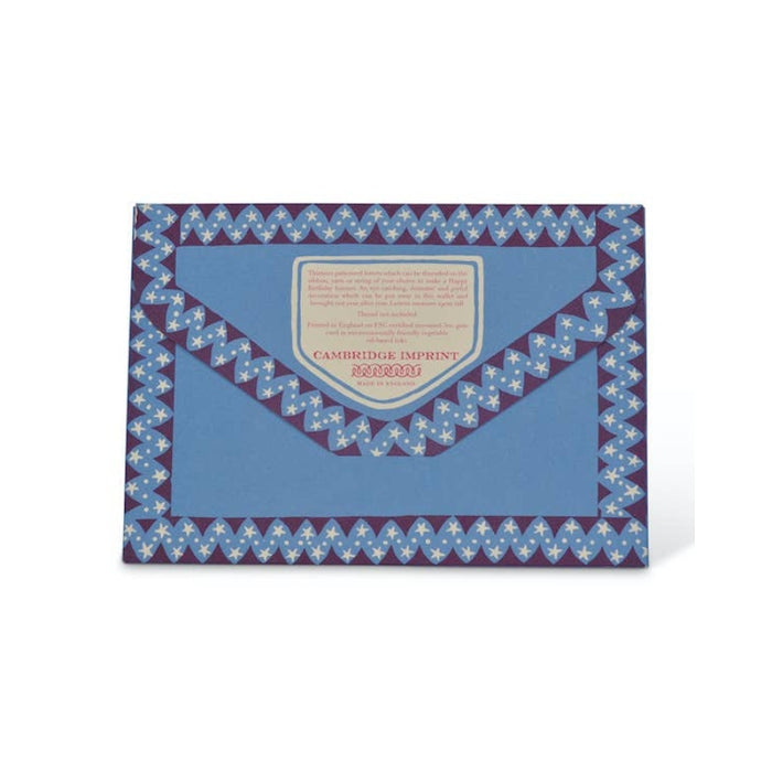 Blue envelope-shaped card with decorative border on a white background