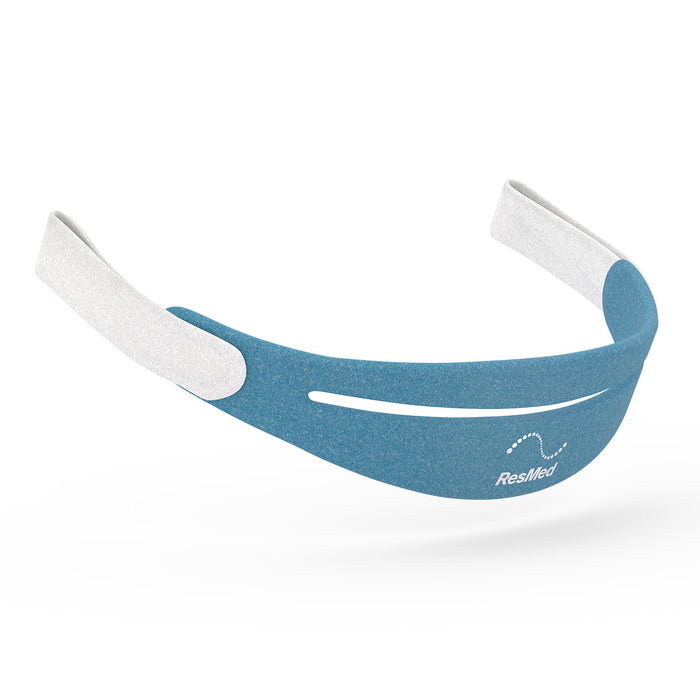 Blue and white Headgear with ResMed logo on a white background
