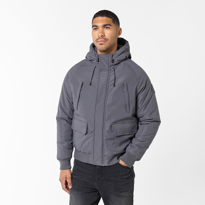 Men's  Charcoal Hooded Short Jacket  Closure London  Front View