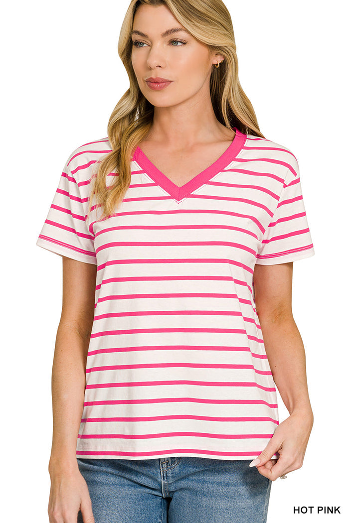 Hot Pink V-neck Striped Shirt