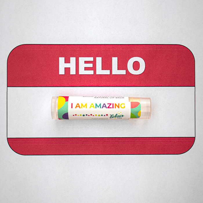 Hello, I Am Amazing lip balm on name tag