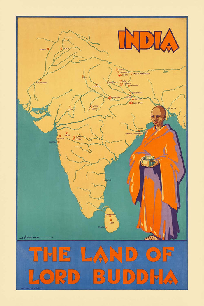India Travel Poster: The Land of Lord Buddha by D. Newsome