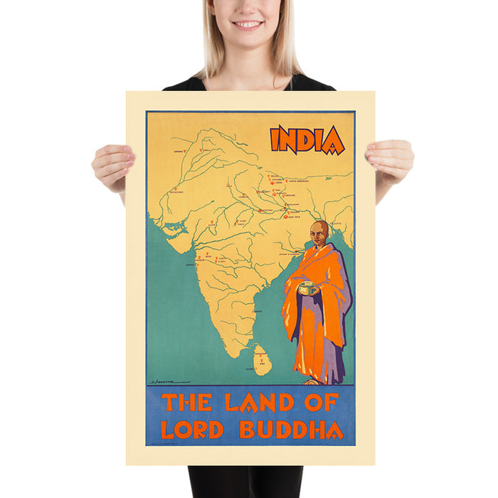 India Travel Poster: The Land of Lord Buddha by D. Newsome