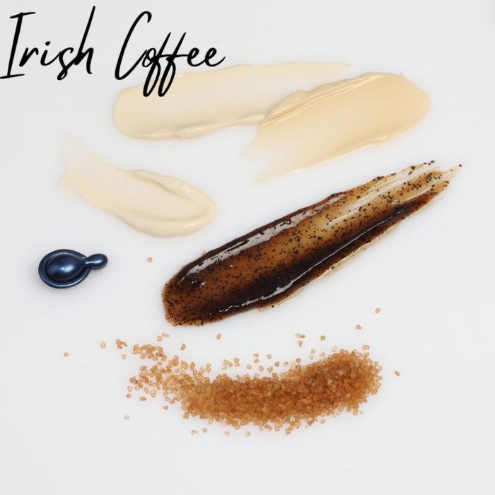 Several pedicure products swatches and an ampoule with the words Irish Coffee on white background.