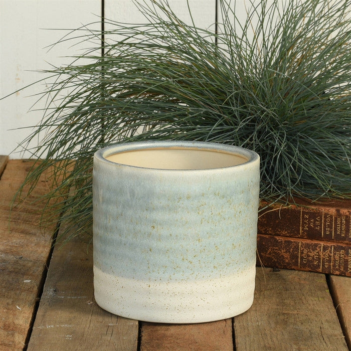 Medium ceramic cachepot with speckled light blue-gray glaze and open top