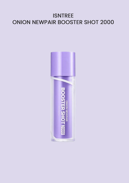 A bottle of ISNTREE Onion Newpair Booster Shot 2000 with a purple label on a white background.