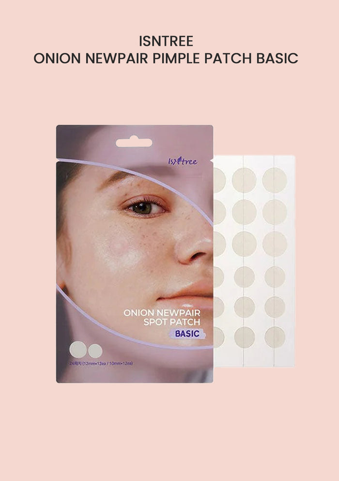 Packaging of ISNTREE Onion Newpair Pimple Patch Basic with a clear window showing the product, which is a box of hydrocolloid acne patches.