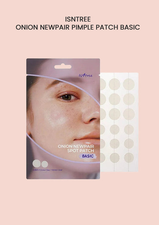 Packaging of ISNTREE Onion Newpair Pimple Patch Basic with a clear window showing the product, which is a box of hydrocolloid acne patches.