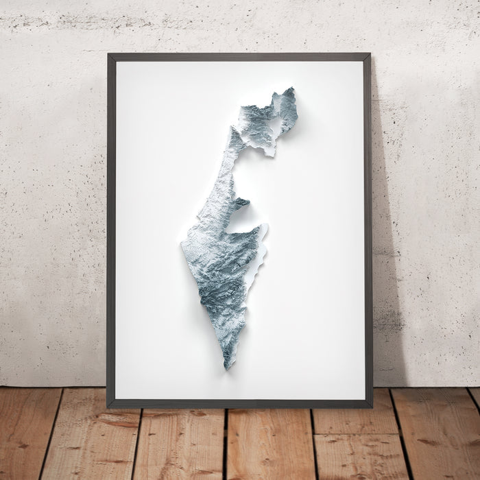 A framed image of a 3D style topographic relief map ofIsrael