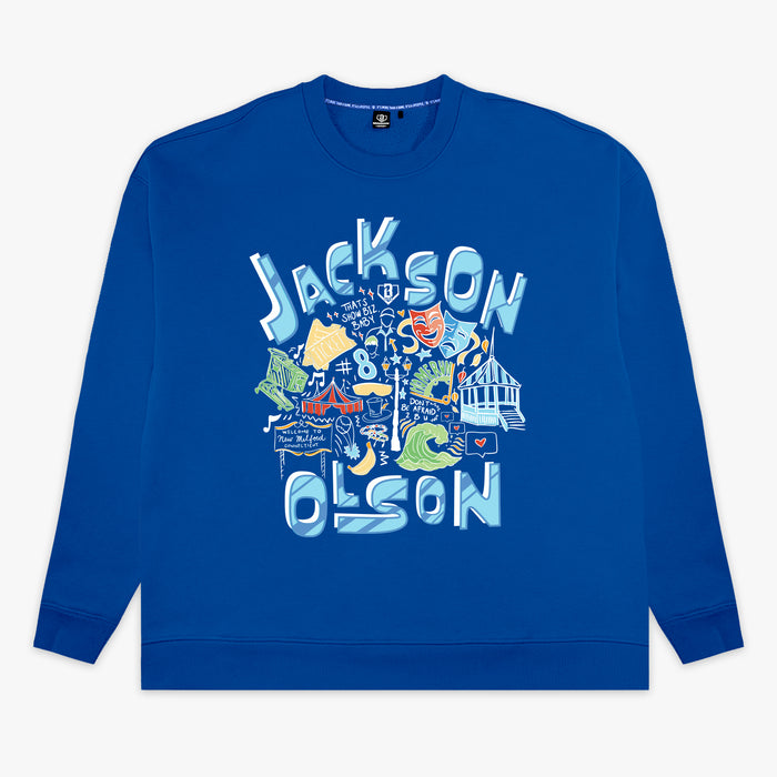 Blue sweatshirt with colorful graphics and Jackson Olson text on a white background