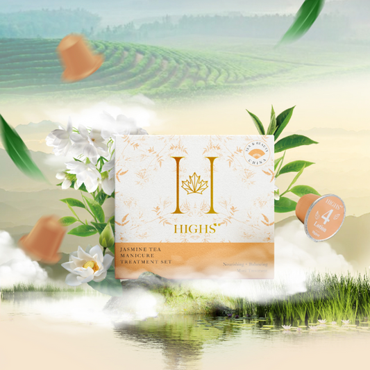 A packaged manicure treatment kit labeled 'Jasmine Tea' with a graphical design that includes jasmine flowers and tea leaves, presented in a scenic background with a field and hills.