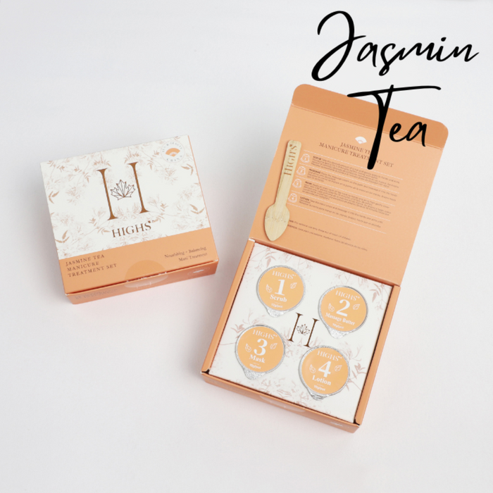A closed and opened box displaying four manicure products in pod and wooden spoon labeled 'Jasmine Tea'