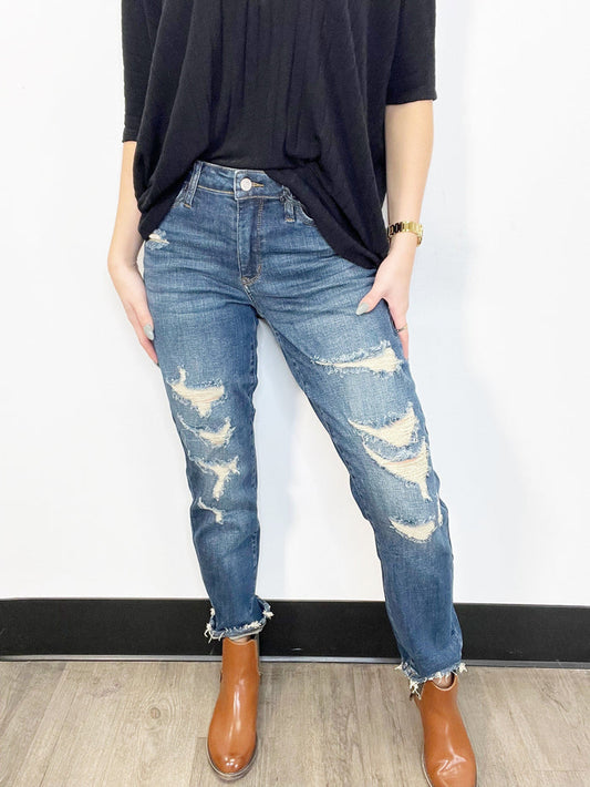 Judy Blue Dark Wash High Rise Destroyed Boyfriend Jeans-JUDY BLUE-Featherandvine
