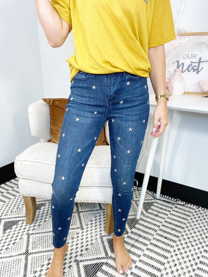 Judy Blue Dark Wash Star Embroidered High Rise Skinny Jeans-JUDY BLUE-Featherandvine