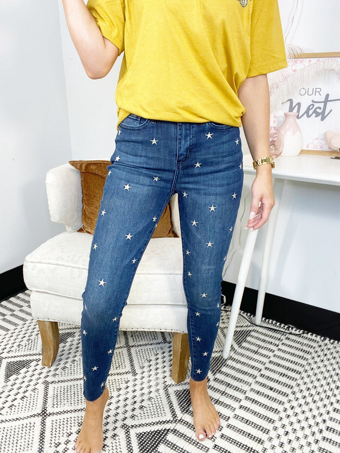 Judy Blue Dark Wash Star Embroidered High Rise Skinny Jeans-JUDY BLUE-Featherandvine