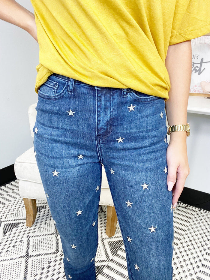 Judy Blue Dark Wash Star Embroidered High Rise Skinny Jeans-JUDY BLUE-Featherandvine
