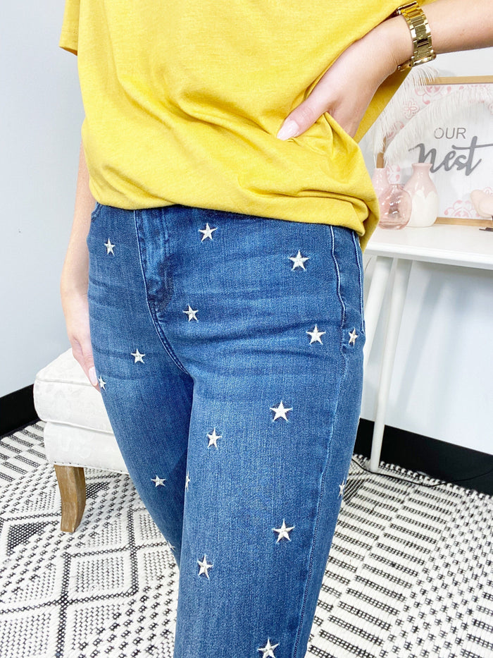 Judy Blue Dark Wash Star Embroidered High Rise Skinny Jeans-JUDY BLUE-Featherandvine