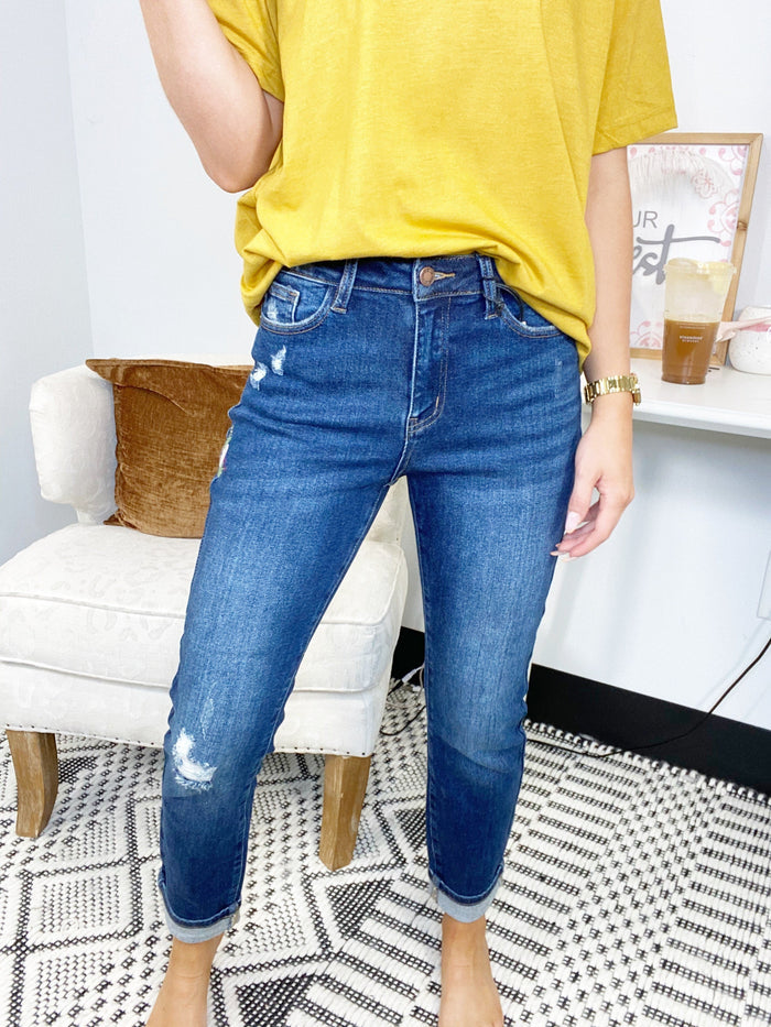 Judy Blue Floral Embroidered High Rise Boyfriend Jeans