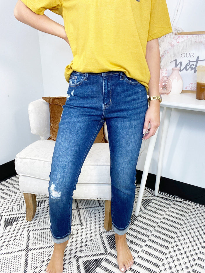 Judy Blue Floral Embroidered High Rise Boyfriend Jeans