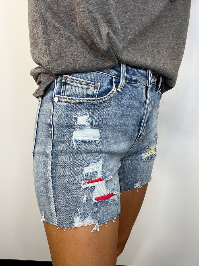Judy Blue Mid Rise Serape Patch Destroyed Shorts