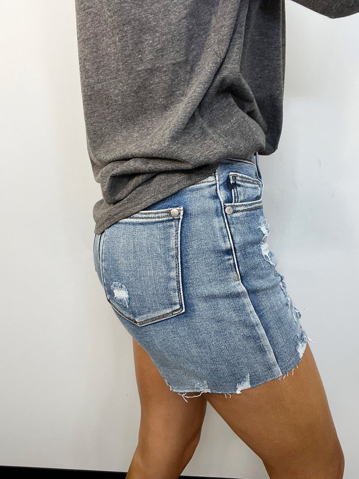 Judy Blue Mid Rise Serape Patch Destroyed Shorts