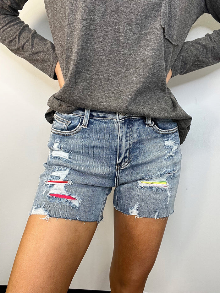 Judy Blue Mid Rise Serape Patch Destroyed Shorts